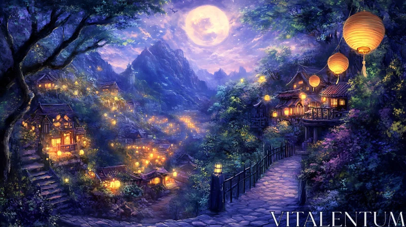 AI ART Enchanted Village Under Moonlight