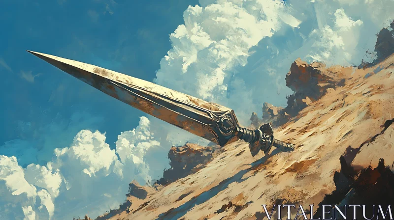 Fantasy Sword on Sandy Hill Illustration AI Image