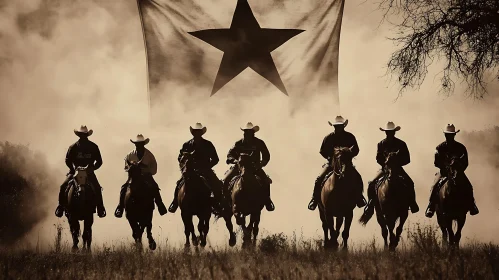 Sepia Cowboys on Horses with Texas Flag