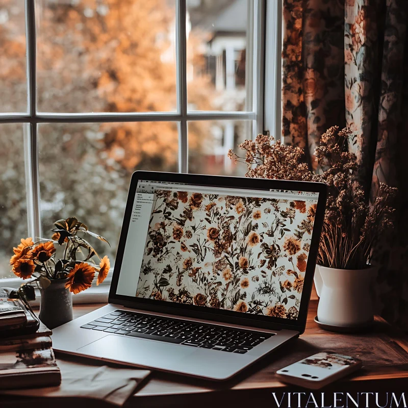 Inviting Workspace with Floral Accents AI Image