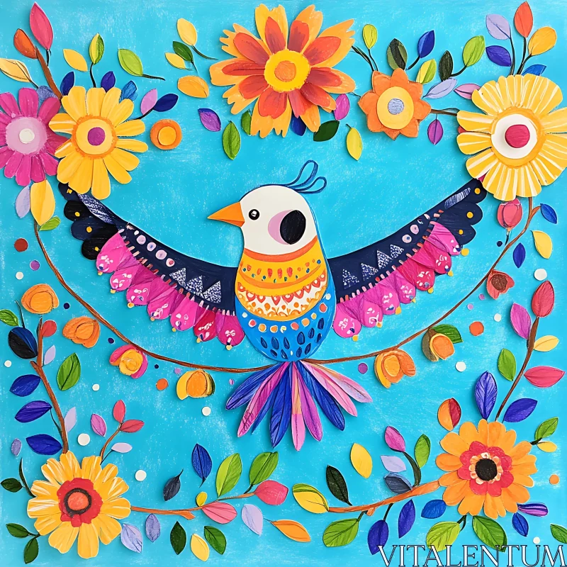 Folk Art Bird with Floral Design AI Image