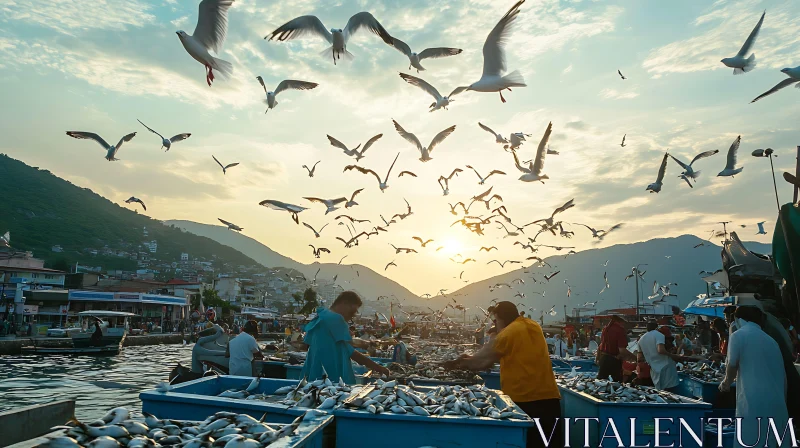 Birds Gathering at the Fish Market AI Image