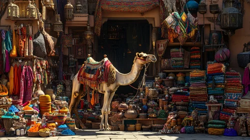 Bustling Souk Scene with Camel