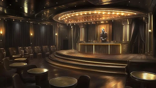 Luxurious Theater Setting with Warm Lighting and Elevated Stage