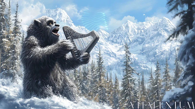 AI ART Snowy Bear with Harp in Forest