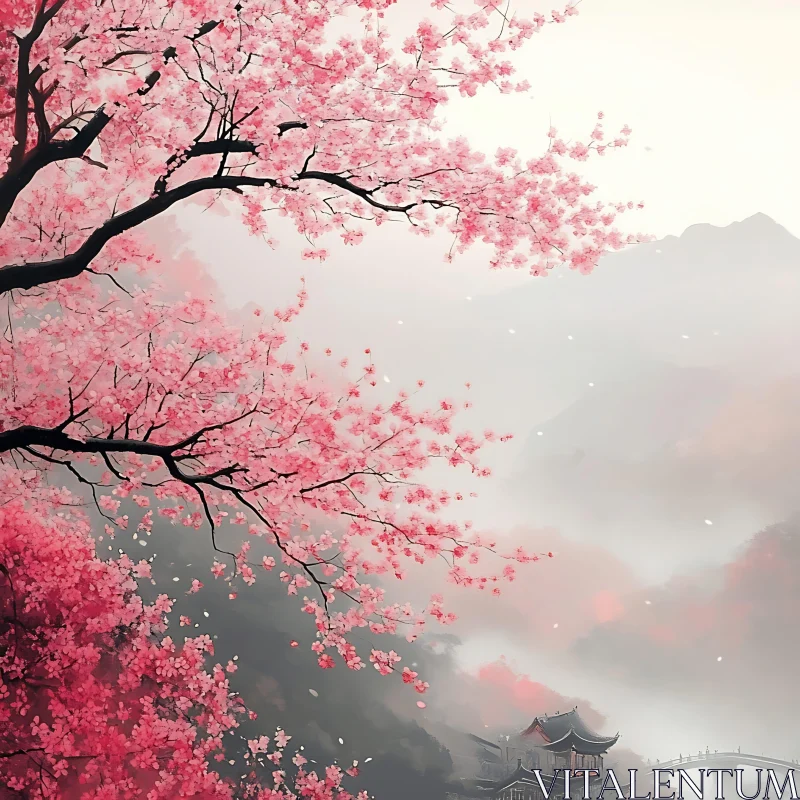 AI ART Pink Blossom Asian Mountain View