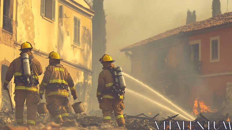 Heroic Firefighters in Action During Fire Emergency AI Image