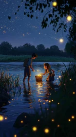 Couple Collecting Fireflies at Night