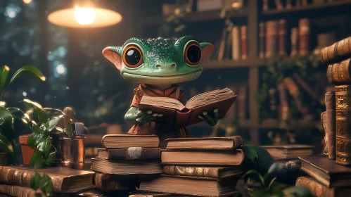 Frog Reading Book in Cozy Library