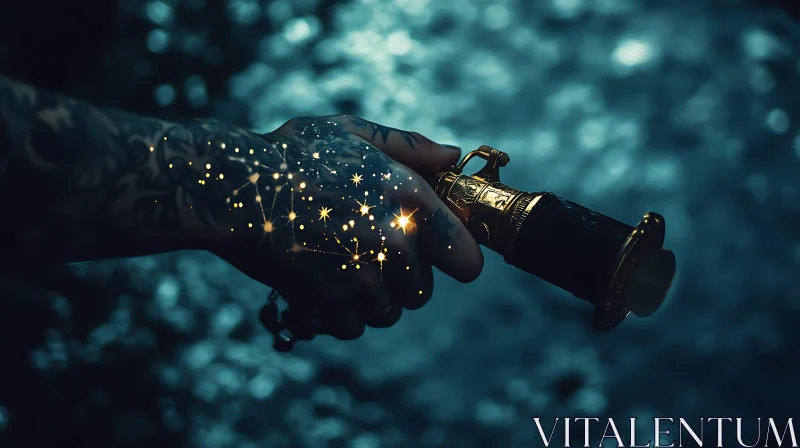 Hand with Constellation Tattoo Holding Gold AI Image