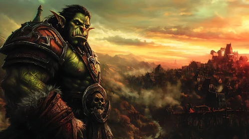 Green Orc Warrior with Sunset Background