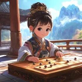 Traditional Anime Girl Playing Game