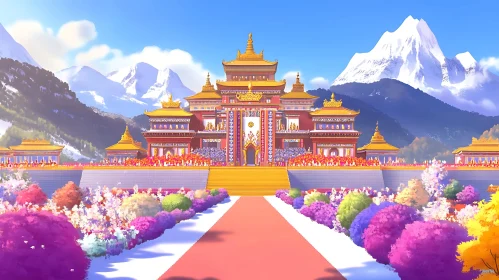 Mountain Palace with Colorful Flowers