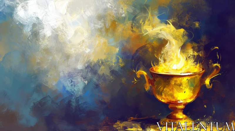 AI ART Golden Cup Painting with Glowing Fire on Dark Blue Table