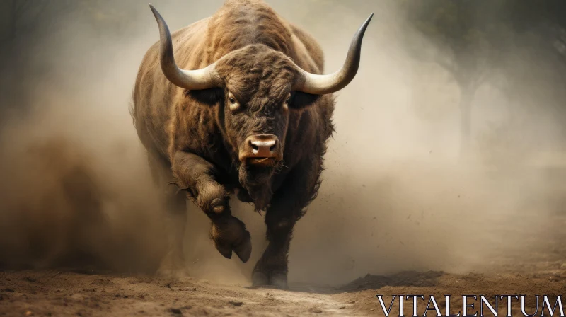 Intense Portraiture of a Bull Charging in a Dusty Field AI Image
