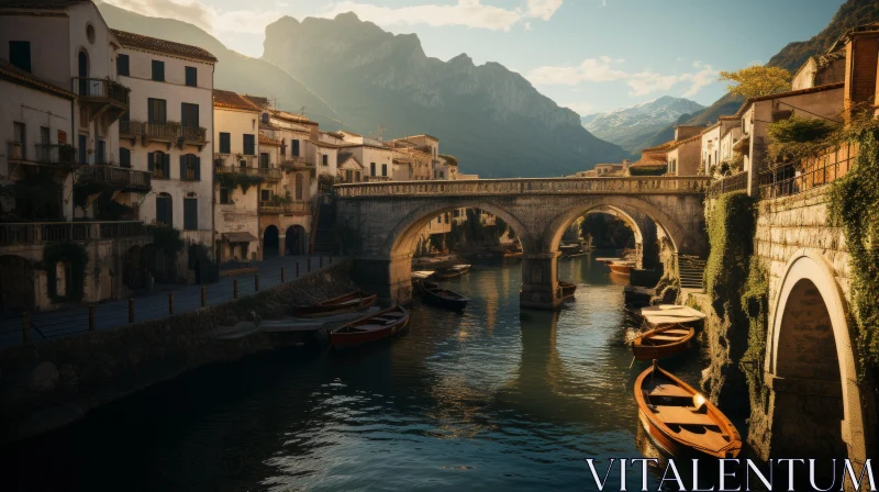 Italianate Village Scene with Boats, Bridge, and Mountains AI Image