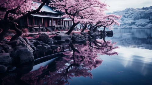 Moody Monotones: Cherry Blossoms and Japanese House by the Lake