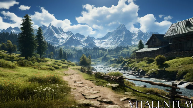 Mountain Landscape with Rustic House - CryEngine Style Artwork AI Image