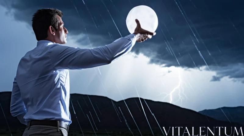 Powerful Image of a Businessman Reaching Out to a Cloudy Globe During a Storm AI Image