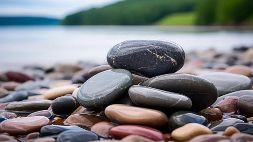 Serene Lakeside Scene with Piled Rocks and Moody Colors