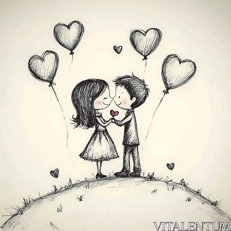 Sketch of Loving Couple with Heart Balloons AI Image