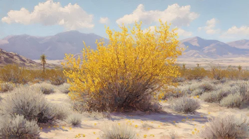 Blooming Yellow Bush in a Vast Desert Setting