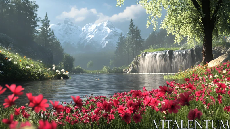 AI ART Serene Landscape with Waterfall and Mountains