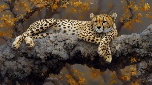 Cheetah on Tree Branch in Autumn