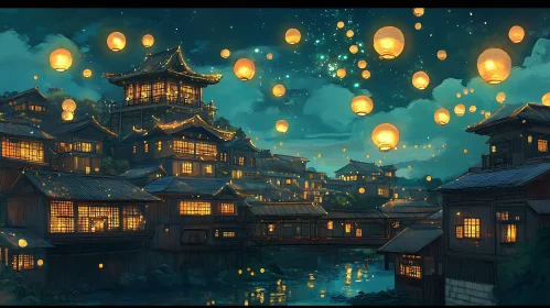 City at Night with Lanterns