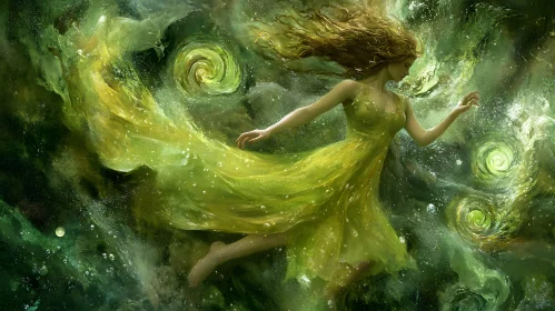 Floating Woman in Emerald Dream