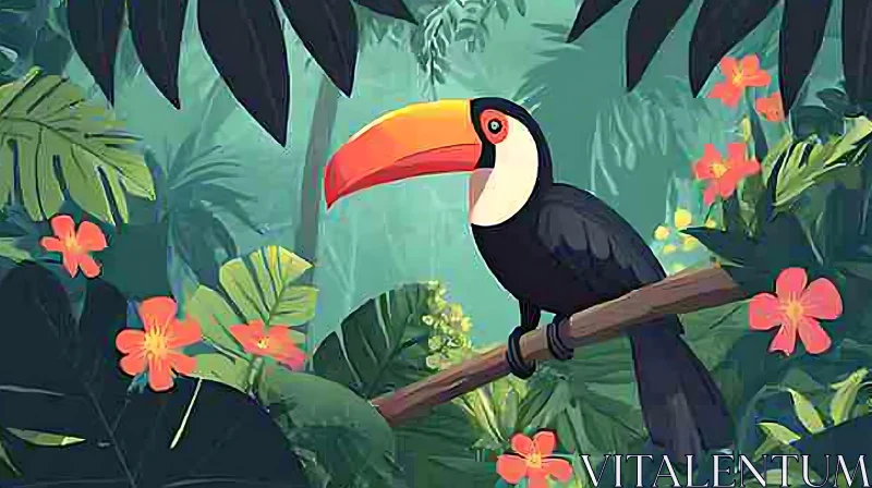 AI ART Exotic Toucan Perched in Lush Tropical Foliage