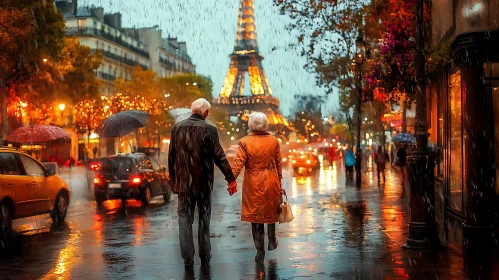 Elderly Couple Walking in Paris Rain