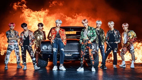 Men's Fashion with Vintage Car on Fire