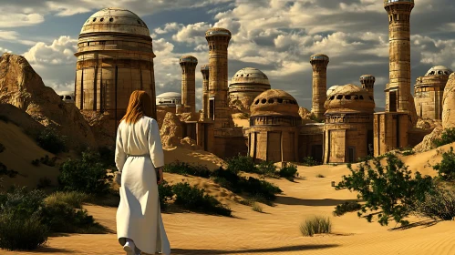 Woman in White Gown Walking in Desert