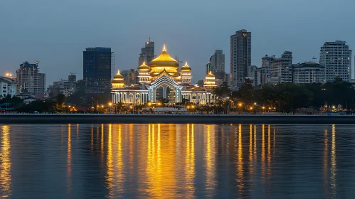 Twilight Cityscape with Golden Dome Reflection