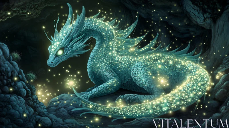 AI ART Luminous Dragon Resting in Cave