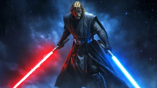 Warrior with Red and Blue Lightsabers