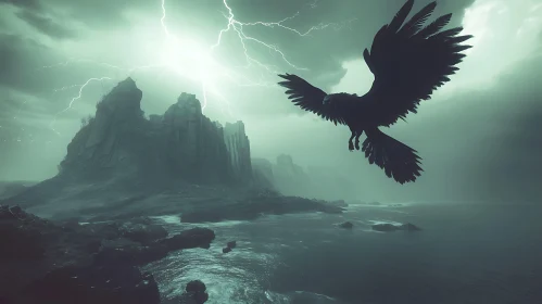 Ominous Raven Over the Sea