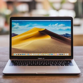 Modern Laptop Displaying Desert Scene on Table