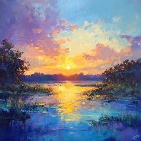 Peaceful Lake at Sunset Painting