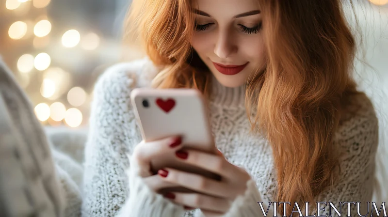 AI ART Woman Using Smartphone with Heart Decoration