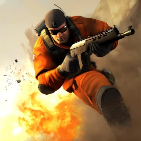 Armed Soldier Running Through Fire