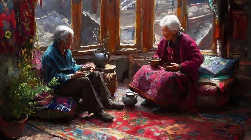 Elderly Couple Sharing Tea and Stories