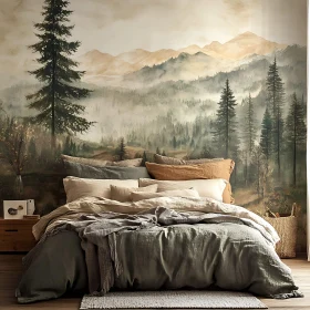 Serene Bedroom with Forest Landscape Wall Art