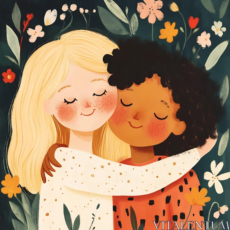 AI ART Girls Hugging Amongst Flowers Illustration