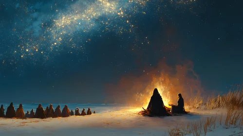 Figures Around Bonfire on Beach at Night