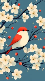 Red Bird Among White Blossoms