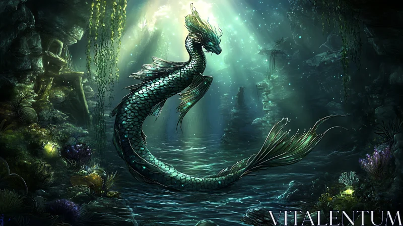 AI ART Serpentine Sea Dragon in Submerged Grotto