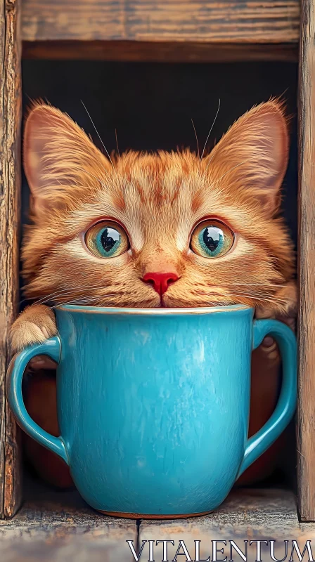 AI ART Orange Cat with Wide Eyes Behind Mug