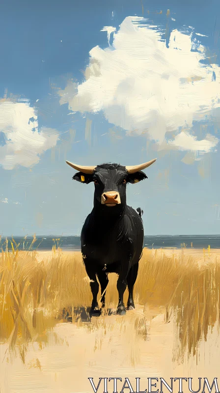 Bull in a Serene Field AI Image